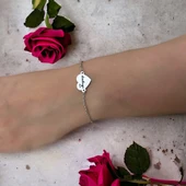 925 Ayar Gümüş Plakalı İsme Özel Kalp Figürlü Zincirli Hediye Bileklik-585 thumbnail 1