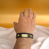 14 Ayar Altın Plakalı İsme Özel Dikdörtgen Figürlü Koyu Kahverengi Derili Hediye Bileklik-602 thumbnail 3