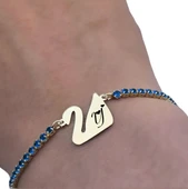 14 Ayar Altın Plakalı Harfe Özel Altın Renkli Zincirli Mavi Taş Desenli Kuğu Kuşu Figürlü Hediye Bileklik-600 thumbnail 3