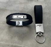 925 Ayar Gümüş Plakalı İsme Özel Taç Motifli Hakiki Siyah Derili Hediye Seti-584 thumbnail 1