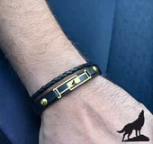 14 Ayar Altın Plakalı Sembole Özel Çerçeveli Dikdörtgen Figürlü Hakiki Siyah Derili Hediye Bileklik-591 thumbnail 2