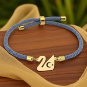 14 Ayar Altın Plakalı Sembole Özel Kuğu Kuşu Motifli Mavi İpek Örgülü Hediye Bileklik-603 thumbnail 1