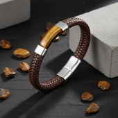 Kaplan Gözü Taşlı Kahverengi Deri Erkek Çelik Bileklik 31834B6D2 thumbnail 5