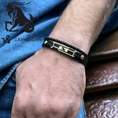 14 Ayar Altın Plakalı Burca Özel Hakiki Siyah Derili Çerçeveli Dikdörtgen Figürlü Hediye Bileklik-591 thumbnail 2