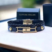 14 Ayar Altın Plakalı Harfe Özel Hakiki Siyah Derili Çerçeveli Dikdörtgen Figürlü Hediye Bileklik-591 thumbnail 1