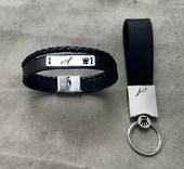 925 Ayar Gümüş Plakalı Harfe Özel Hakiki Siyah Derili Taç Motifli Hediye Seti-584 thumbnail 1