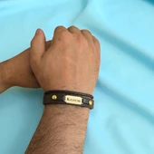 14 Ayar Altın Plakalı İsme Özel Dikdörtgen Figürlü Koyu Kahverengi Derili Hediye Bileklik-602 thumbnail 2