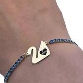 14 Ayar Altın Plakalı Sembole Özel Kuğu Kuşu Figürlü Altın Renkli Zincirli Mavi Taş Desenli Hediye Bileklik-600 thumbnail 3