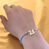 14 Ayar Altın Plakalı Sembole Özel Kuğu Kuşu Motifli Mavi İpek Örgülü Hediye Bileklik-603 thumbnail 2