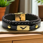 14 Ayar Altın Plakalı Sembole Özel Dikdörtgen Figürlü Koyu Kahverengi Derili Hediye Bileklik-602 thumbnail 1