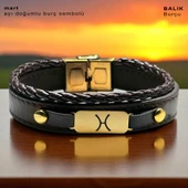 14 Ayar Altın Plakalı Doğum Ayına Özel Koyu Kahverengi Derili Dikdörtgen Figürlü Hediye Bileklik-602 thumbnail 1