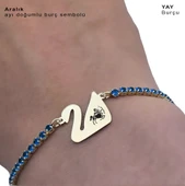 14 Ayar Altın Plakalı Burca Özel Altın Renkli Zincirli Mavi Taş Desenli Kuğu Kuşu Figürlü Hediye Bileklik-600 thumbnail 3
