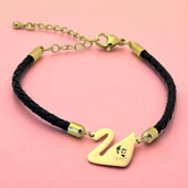 14 Ayar Altın Plakalı Sembole Özel Kuğu Kuşu Figürlü Doğal Siyah Derili Hediye Bileklik-606 thumbnail 1