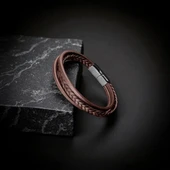 Kahverengi Deri Erkek Bileklik – Titanyum Çelik Manyetik Kilitli 31833B14D4 thumbnail 3