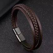 Kahverengi Deri Erkek Bileklik – Titanyum Çelik Manyetik Kilitli 31833B14D4 thumbnail 5