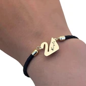 14 Ayar Altın Plakalı İsme Özel Kuğu Kuşu Figürlü Doğal Siyah Derili Hediye Bileklik-606 thumbnail 3