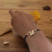 14 Ayar Altın Plakalı Sembole Özel Kuğu Kuşu Figürlü Doğal Siyah Derili Hediye Bileklik-606 thumbnail 2