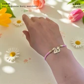 14 Ayar Altın Plakalı Burca Özel Pembe Örgü İpli Kuğu Kuşu Motifli Hediye Bileklik-609 thumbnail 2