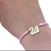 14 Ayar Altın Plakalı İsme Özel Kuğu Kuşu Motifli Pembe Örgü İpli Hediye Bileklik-609 thumbnail 3