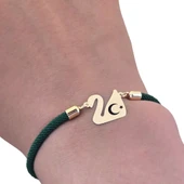 14 Ayar Altın Plakalı Sembole Özel Kuğu Kuşu Motifli Koyu Yeşil Örgü İpli Hediye Bileklik-607 thumbnail 3