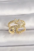 Litae Trend BFS Pirinç Gold Renk 2'Li Zincir Zirkon Taşlı Yıldız Figür Kadın Yüzük - 1