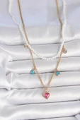 Litae Trend BFS 316L Çelik Gold Renk 2'Li İnci Zincir Model Pembe Taşlı Kalp Figür Nazar Boncuk Detay Kadın Kolye thumbnail 2