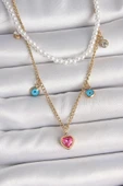 Litae Trend BFS 316L Çelik Gold Renk 2'Li İnci Zincir Model Pembe Taşlı Kalp Figür Nazar Boncuk Detay Kadın Kolye thumbnail 1