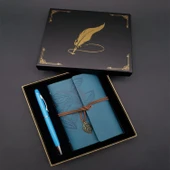 Metal Kalem Ve Mavi Deri Defter - 1