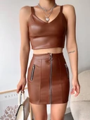 Üç fermuarlı deri etek kahve s24510 thumbnail 2