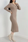 Fermuar detaylı fitilli şardonlu elbise bej a3178 thumbnail 3