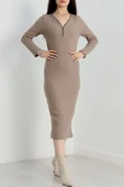 Fermuar detaylı fitilli şardonlu elbise bej a3178 thumbnail 1