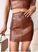 Üç fermuarlı deri etek kahve s24510 thumbnail 1