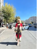 Uzun hırka içi elbise ikili triko takım ekose baklava desen haki kırmızı - 1