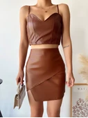 Kapaklı asimetrik model deri etek kahve s240106 thumbnail 2