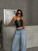 İp askılı yandan fermuarlı rastale deri crop siyah s24113 thumbnail 2