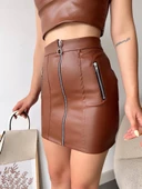 Üç fermuarlı deri etek kahve s24510 thumbnail 5