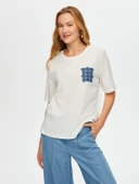 Faik Sönmez Kadın Jean Aplike Ve Zincir Nakışlı Yuvarlak Yaka Pamuklu - 1