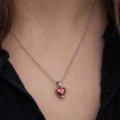 Gümüş Kırmızı Taşlı Kalpli Kadın Kolye thumbnail 3