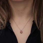 Gümüş Kırmızı Taşlı Kalpli Kadın Kolye thumbnail 2