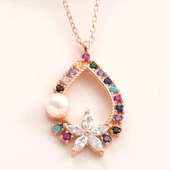 Gümüş Rose Renkli Taşlı Çiçekli Kadın Kolye thumbnail 1