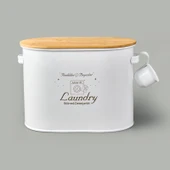 Bath 2 Bölmeli Ahşap Kapaklı Metal Deterjan Kutusu - Beyaz - 12 lt thumbnail 1