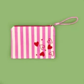 Çizgili Kalp Detaylı Kozmetik Çantası - Pembe / Bej - 16x25 cm - 1