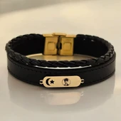 14 Ayar Altın Plakalı Sembole Özel Ay Yıldız Motifli Hakiki Siyah Derili Hediye Bileklik-612 thumbnail 1