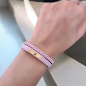 14 Ayar Altın Plakalı Harfe Özel Doğal Pembe Derili Dikdörtgen Figürlü Hediye Bileklik-613 thumbnail 2