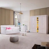 Flora Çocuk Odası Takımı, Flora Yavrulu Karyola, Vira 4 Kapaklı Dolap, Şifonyer, Kitaplık - Beyaz thumbnail 1