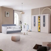 Flora Çocuk Odası Takımı, Flora Yavrulu Karyola, Vira 4 Kapaklı Dolap, Şifonyer, Kitaplık - Gri - 1