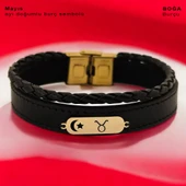 14 Ayar Altın Plakalı Doğum Ayına Özel Hakiki Siyah Derili Ay Yıldız Motifli Hediye Bileklik-612 thumbnail 1