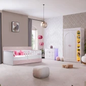 Flora Çocuk Odası Takımı, Flora Yavrulu Karyola, Dolunay 2 Kapaklı Dolap, Şifonyer, Kitaplık - Pembe thumbnail 1