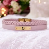 14 Ayar Altın Plakalı Burca Özel Doğal Pembe Derili Dikdörtgen Figürlü Hediye Bileklik-613 thumbnail 1