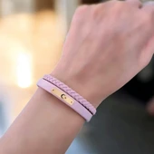 14 Ayar Altın Plakalı Burca Özel Doğal Pembe Derili Dikdörtgen Figürlü Hediye Bileklik-613 thumbnail 2